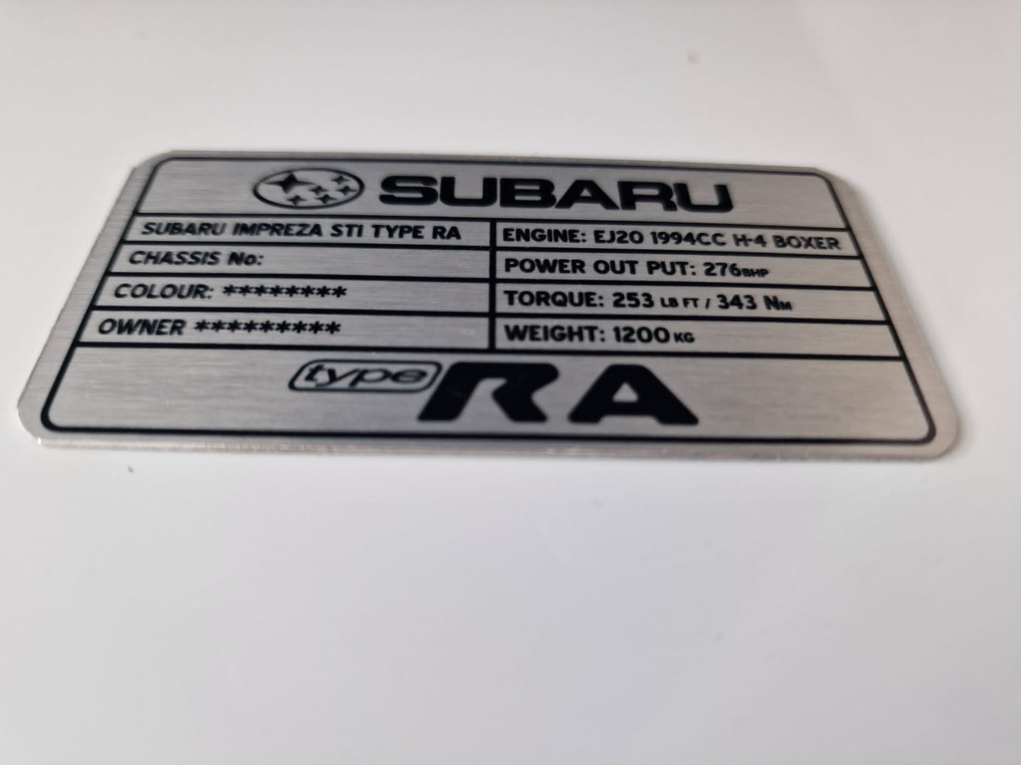 Subaru Impreza Type RA Customised Plaque (for under bonnet).