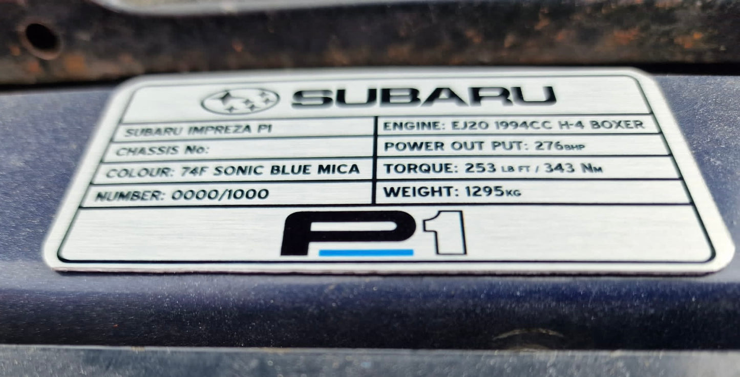 Subaru Impreza P1 Customised Plaque (for under bonnet).