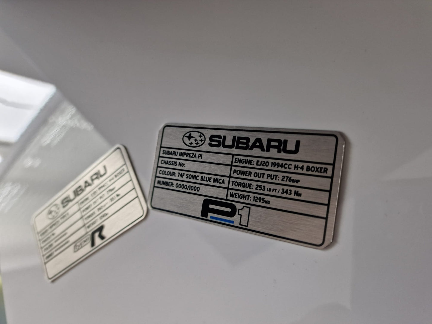 Subaru Impreza P1 Customised Plaque (for under bonnet).