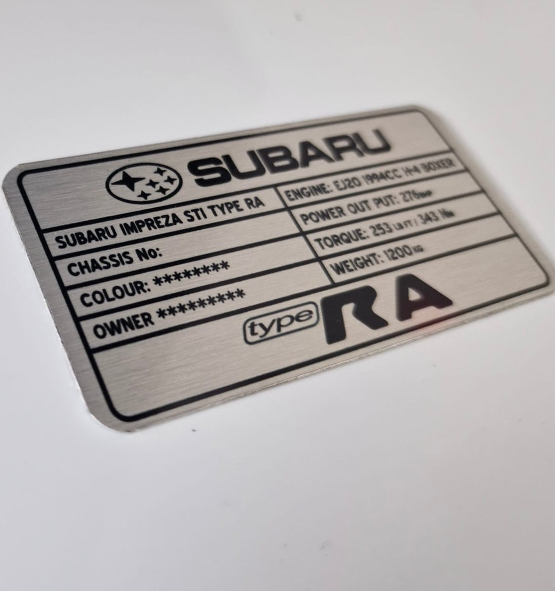 Subaru Impreza Type RA Customised Plaque (for under bonnet).
