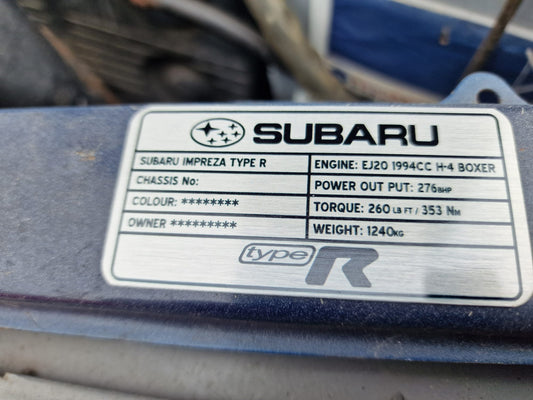 Subaru Impreza Type R Customised Plaque (for under bonnet).