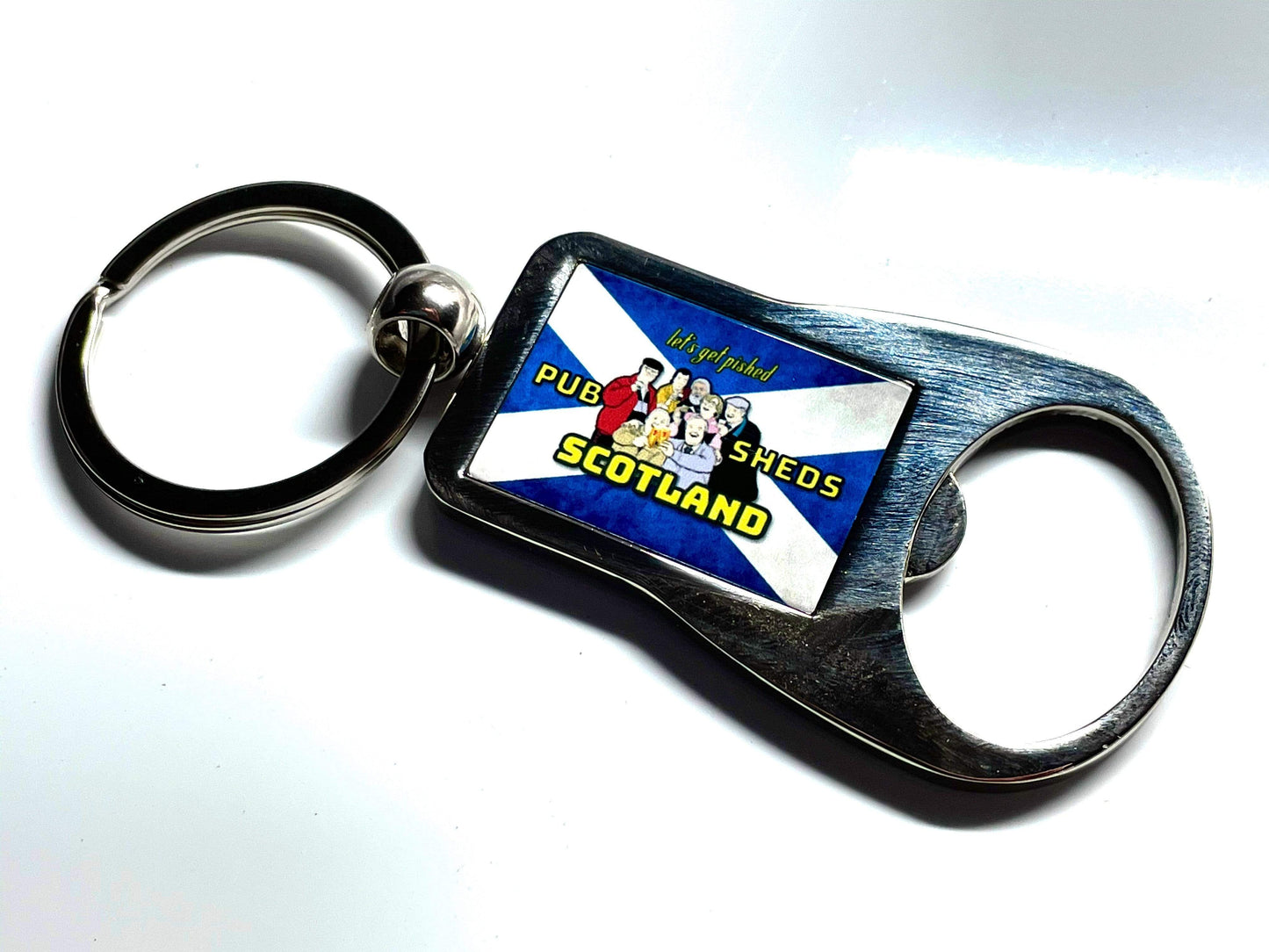 Pub Shed Scotland Key Ring and Bottle Opener Raise the Bar Print and Design - Raise the Bar